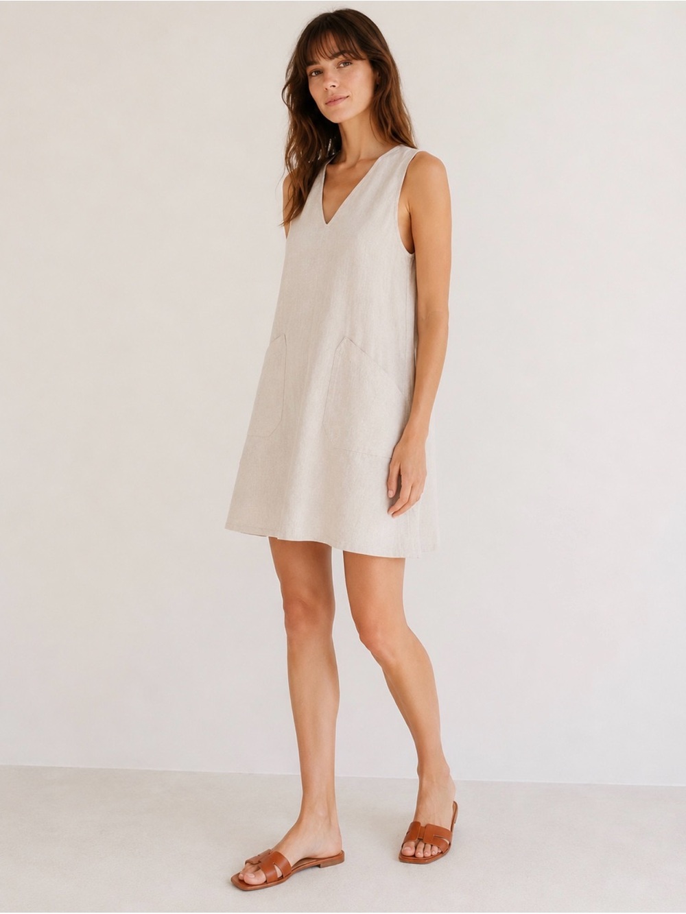 Banana Republic Beige Linen V-Neck Pocket Shift Dress XXS